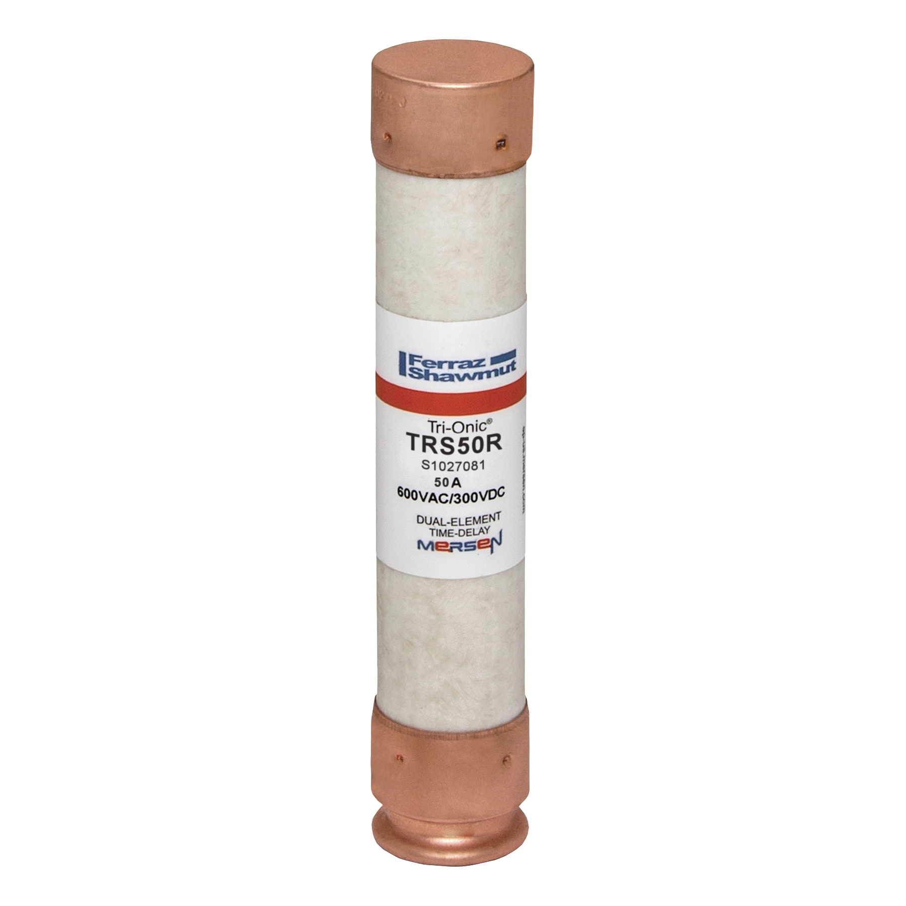 TRS50R Tri-Onic Current Limiting Low Voltage Time Delay Fuse, 50 A, 600 V AC/300 V DC, 200/20 kA Interrupt, RK5 Class, Cylindrical Body