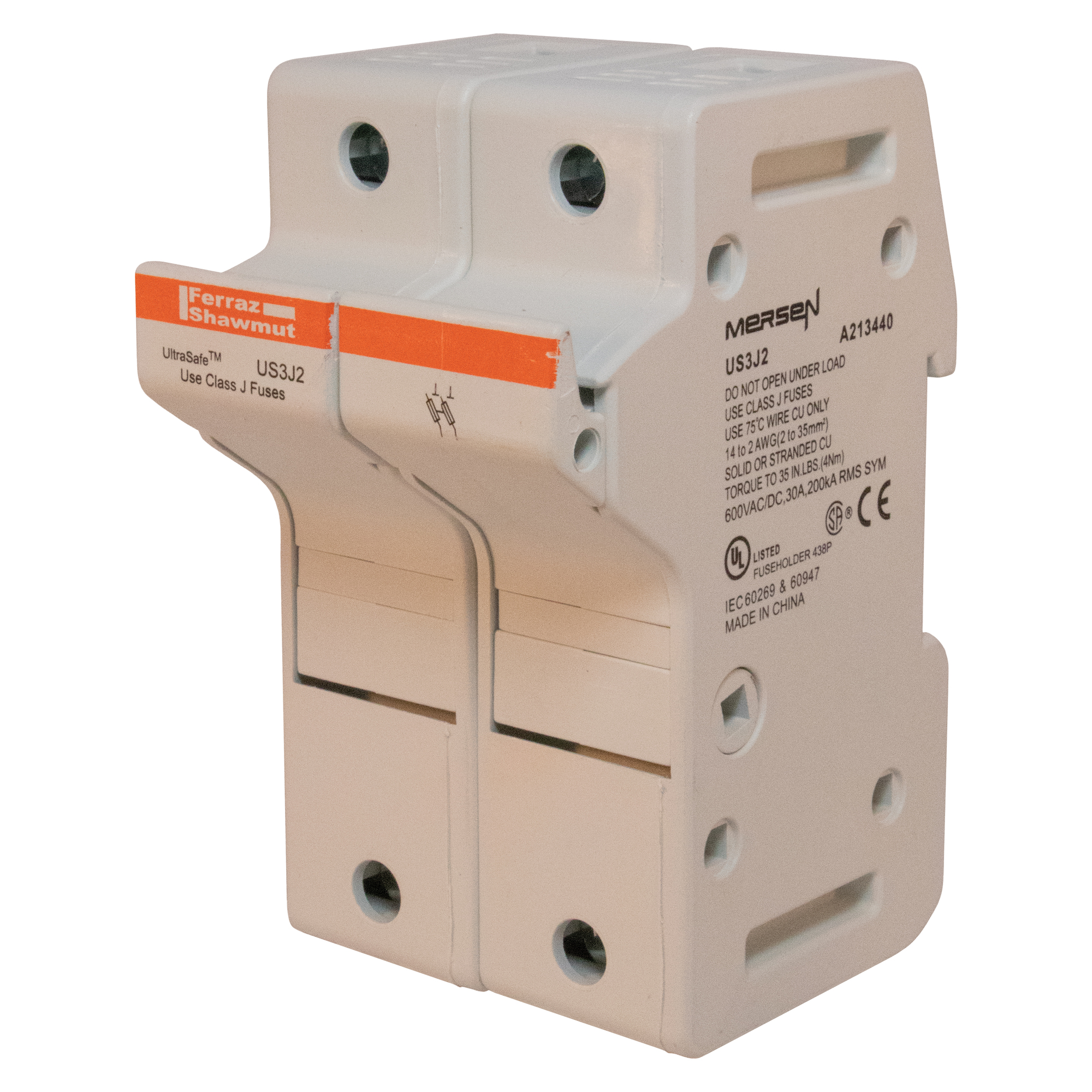 US3J2 UltraSafe Finger Safe Modular Fuse Holder, 600 V AC/DC, 30 A, Class: J, 14 to 2 AWG Wire, 2 Poles