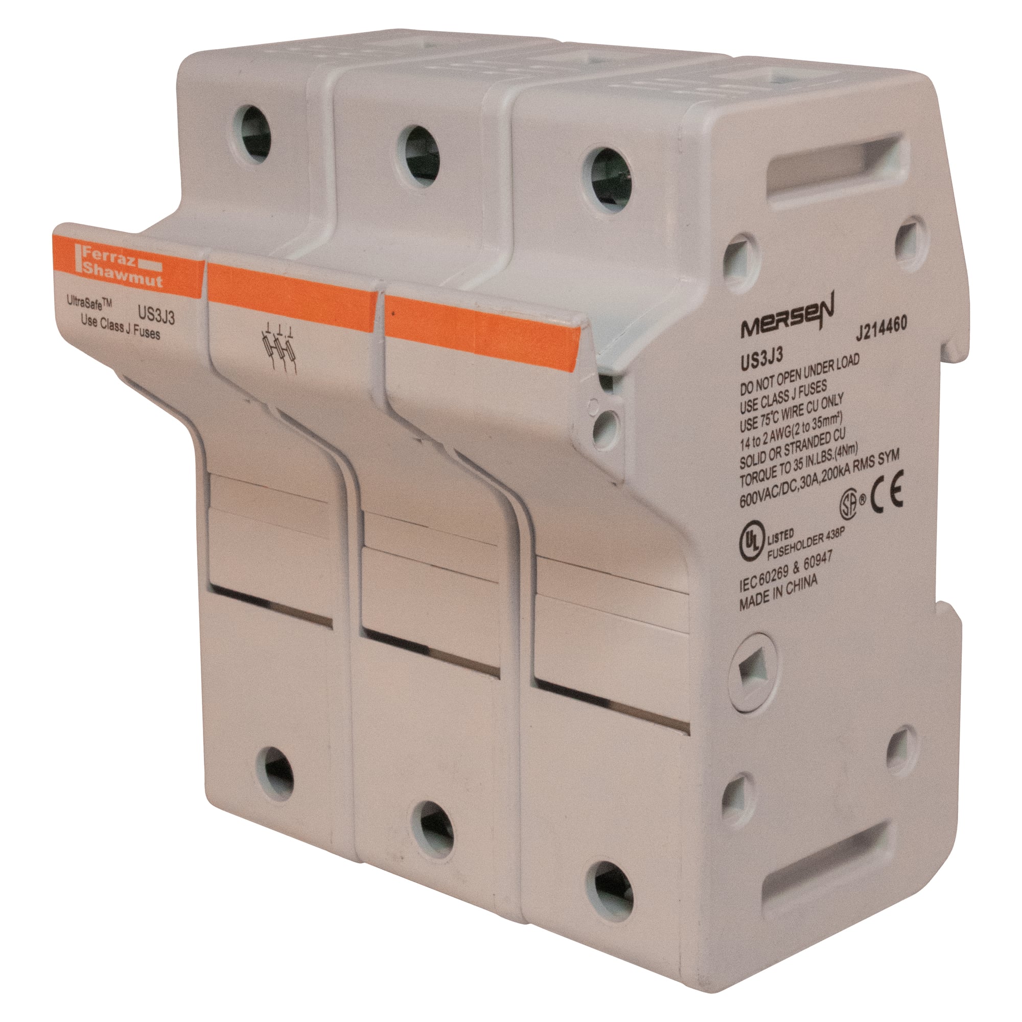 US3J3 UltraSafe Finger Safe Modular Fuse Holder, 600 V AC/DC, 30 A, Class: J, 14 to 2 AWG Wire, 3 Poles