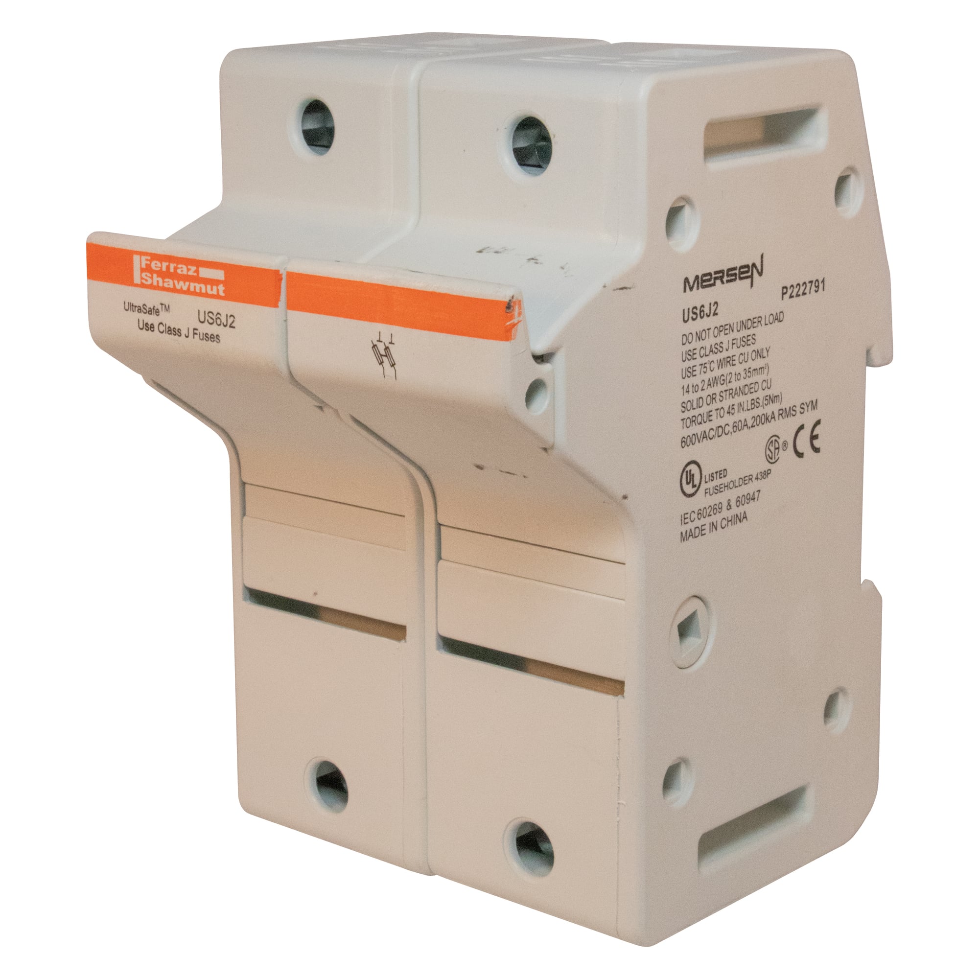 US6J2 UltraSafe Finger Safe Modular Fuse Holder, 600 V AC/DC, 60 A, Class: J, 14 to 2 AWG Wire, 2 Poles
