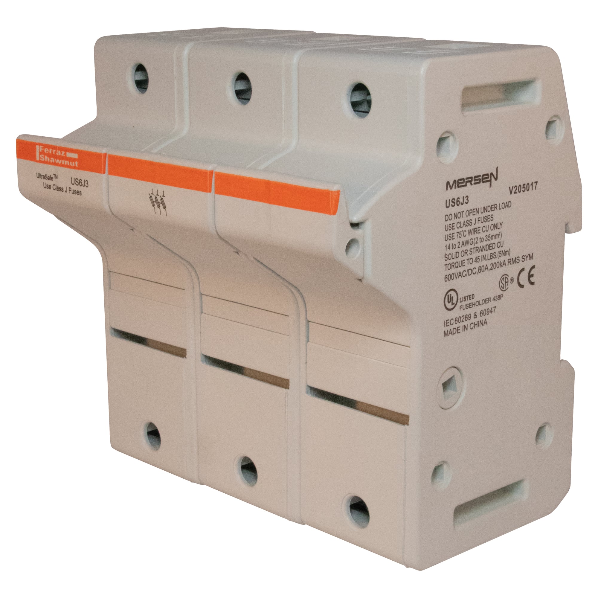 US6J3 UltraSafe Finger Safe Modular Fuse Holder, 600 V AC/DC, 60 A, Class: J, 14 to 2 AWG Wire, 3 Poles