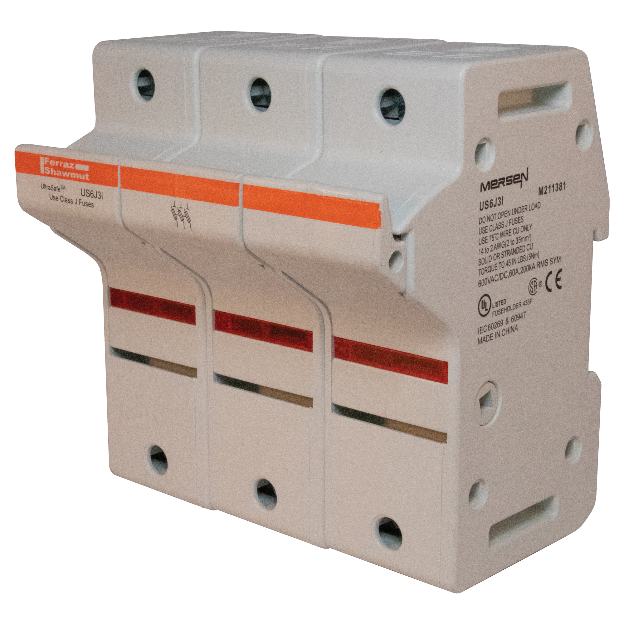 US6J3I UltraSafe Finger Safe Modular Fuse Holder With Blown Fuse Indicator, 600 V AC/DC, 60 A, Class: J, 14 to 2 AWG Wire, 3 Poles