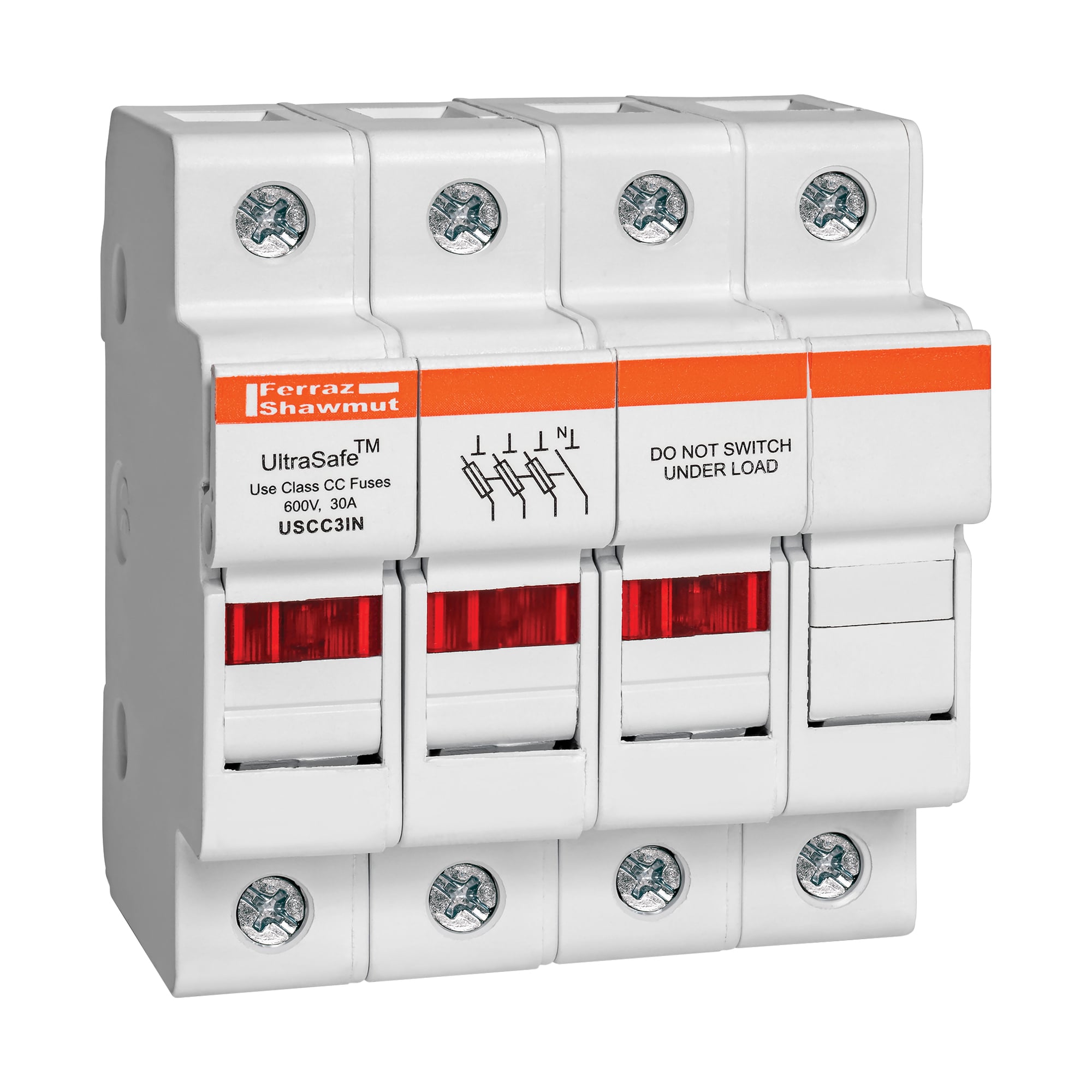 USCC3IN UltraSafe Modular Fuse Holder With Visual Indicator, 600 V AC/DC, 30 A, 14 to 6 AWG Wire, 3+N Poles