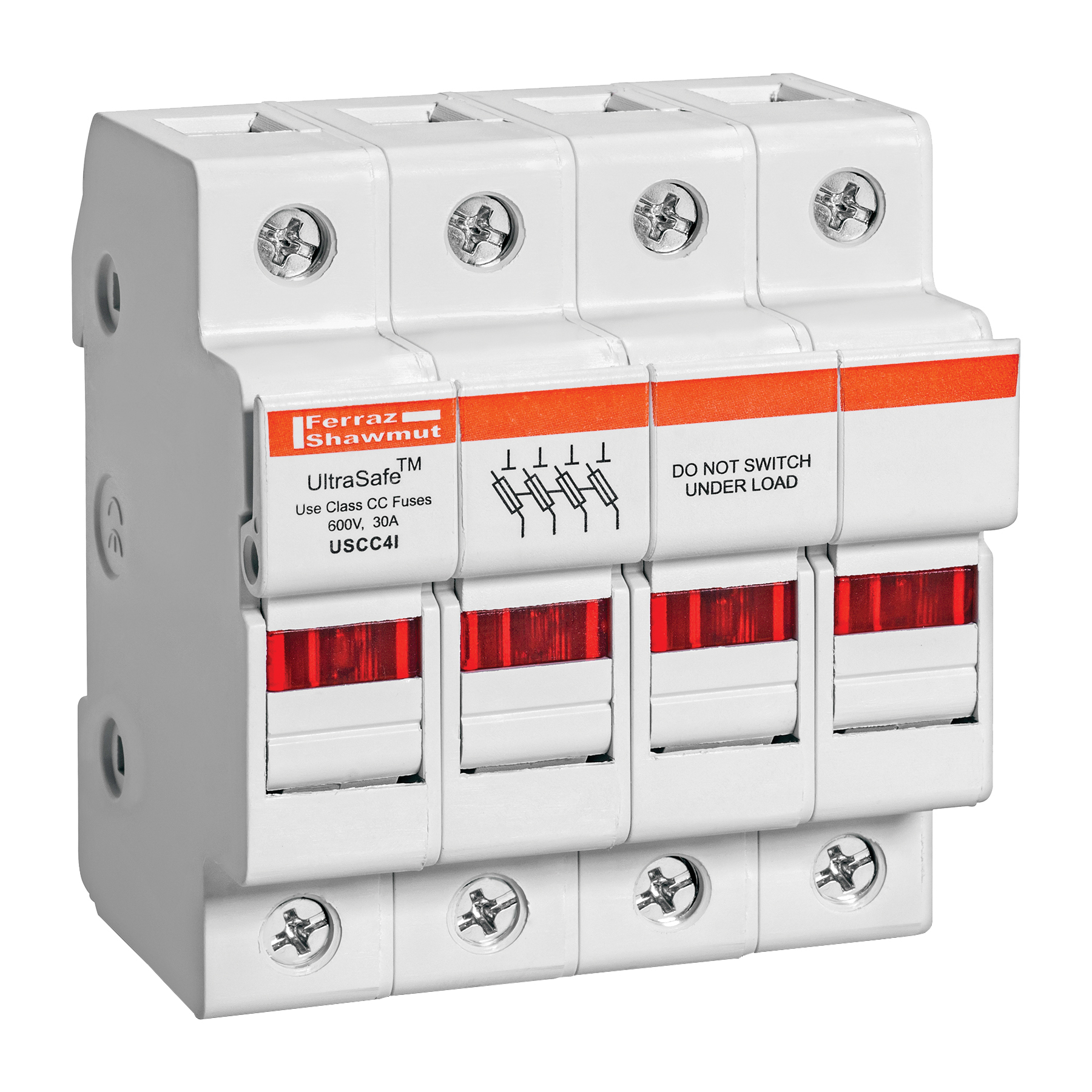 USCC4I UltraSafe Modular Fuse Holder With Visual Indicator, 600 V AC/DC, 30 A, 14 to 6 AWG Wire, 4 Poles