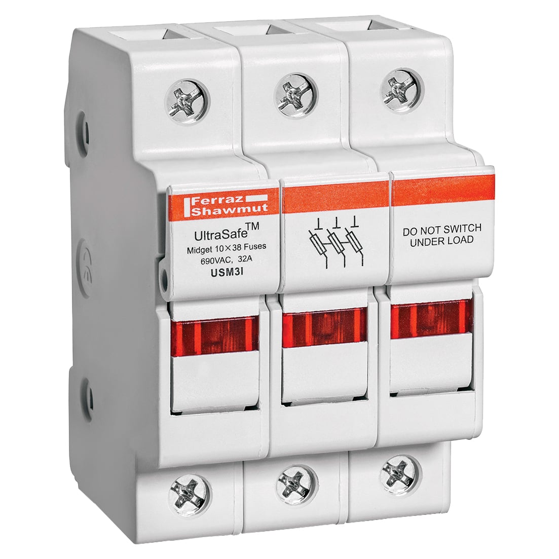 USM3I UltraSafe Fuse Holder, 600 V AC/DC, 30 A, 14 to 6 AWG Wire, 3 Poles