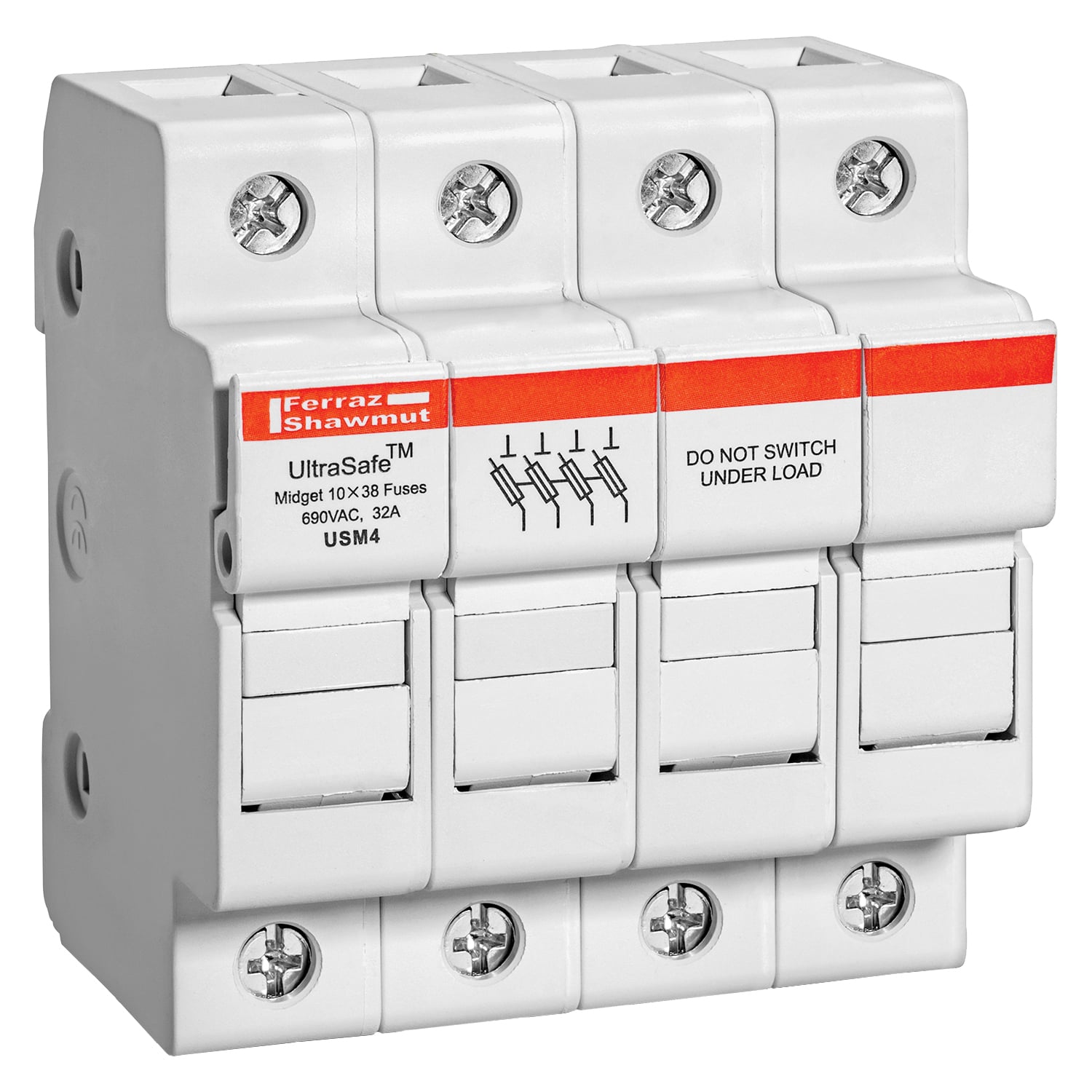 USM4 UltraSafe Modular Fuse Holder, 600 V AC, 30 A, 14 to 10 AWG, 14 to 6 AWG Wire, 4 Poles