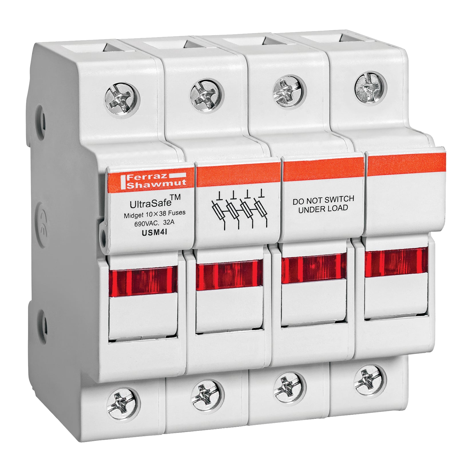 USM4I UltraSafe Modular Fuse Holder With Visual Indicator, 600 V AC, 30 A, 14 to 10 AWG, 14 to 6 AWG Wire, 4 Poles