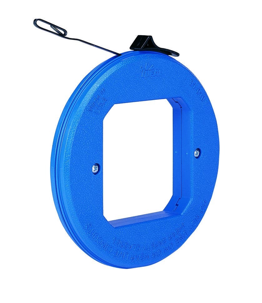 31-010 Blue-Steel Thumb-Winder Fish Tape With Case, 0.125 in W x 0.045 in THK Tape, 50 ft L Tape, Flat Profile, Carbon Steel Tape, Blue