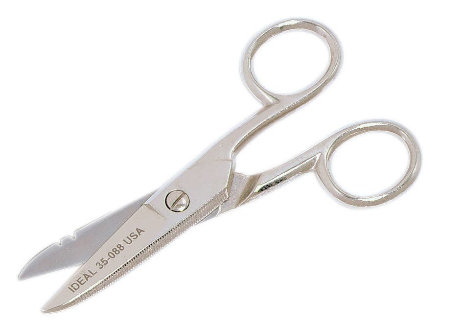 35-088 Electricians Scissor With Stripping Notch, 1 in L of Cut, 5-1/4 in OAL, Blunt Tip, Serrated Edge, Carbon Steel Blade, Right Hand