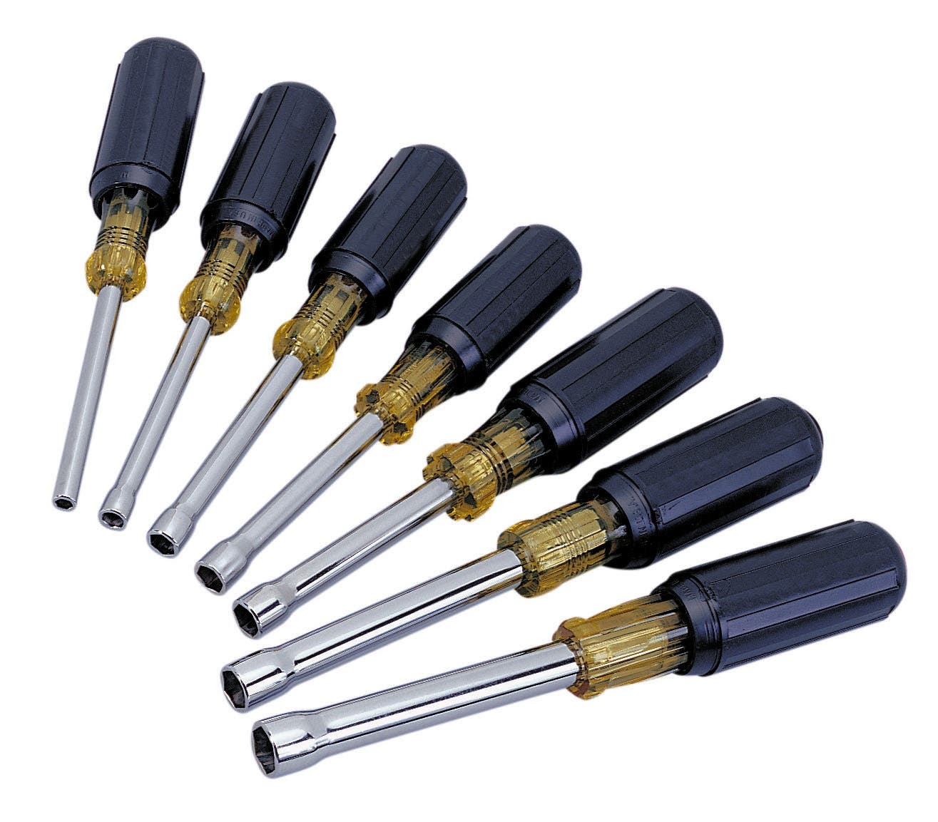 35-299 Nutmaster Hollow Shank Nutdriver Set, 7 Pieces, 7-5/16 in OAL, Cushion Grip Handle, Rubber Handle, Polished Chrome/Nickel Plated