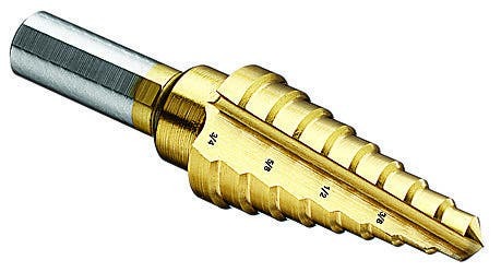 35-512 Step Drill Bit, 1/4 in Dia Min Hole, 3/4 in Dia Max Hole, 9 Hole Sizes, 3/8 in Dia Shank