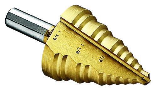 35-517 Step Drill Bit, 1/4 in Dia Min Hole, 1-3/8 in Dia Max Hole, 10 Hole Sizes, 3/8 in Dia Shank