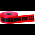 Barricade Tape, 3 IN Roll Width, 1000 FT Roll Length, Danger High Voltage Keep Out Legend, LDPE, Red, 4 MIL Thickness, Elongation: = 400 PCT ASTM D882-75B, Tensile Strength: 2350 PSI TD, 1893 PSI MD ASTM D882, OSHA Specifications Section 1010.144