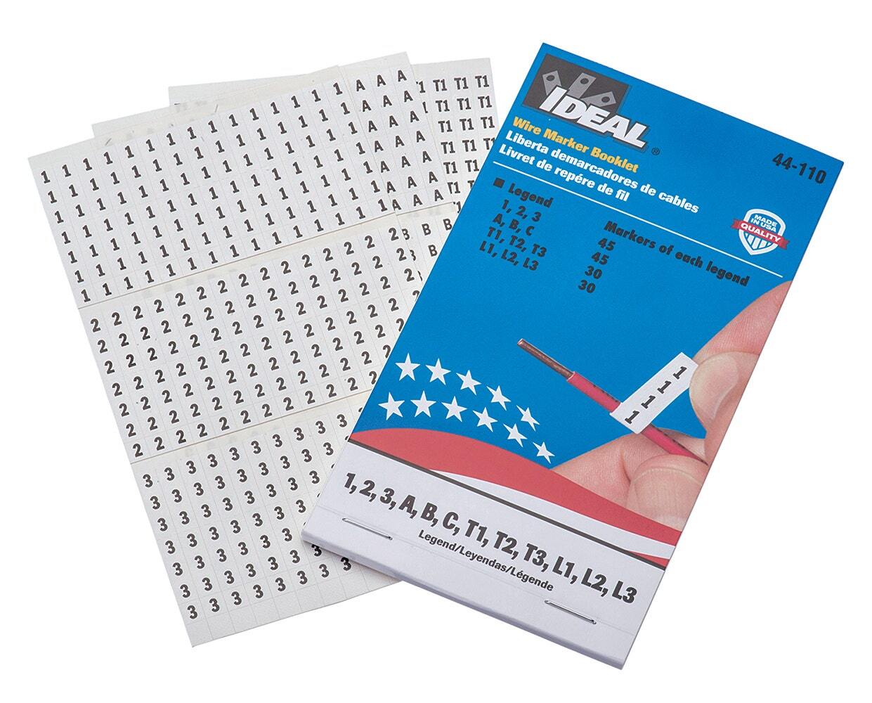 44-110 Pre-Printed Wire Marker Booklet, 1-1/2 in L x 1/4 in W, Black/White, Plastic Impregnated Cloth