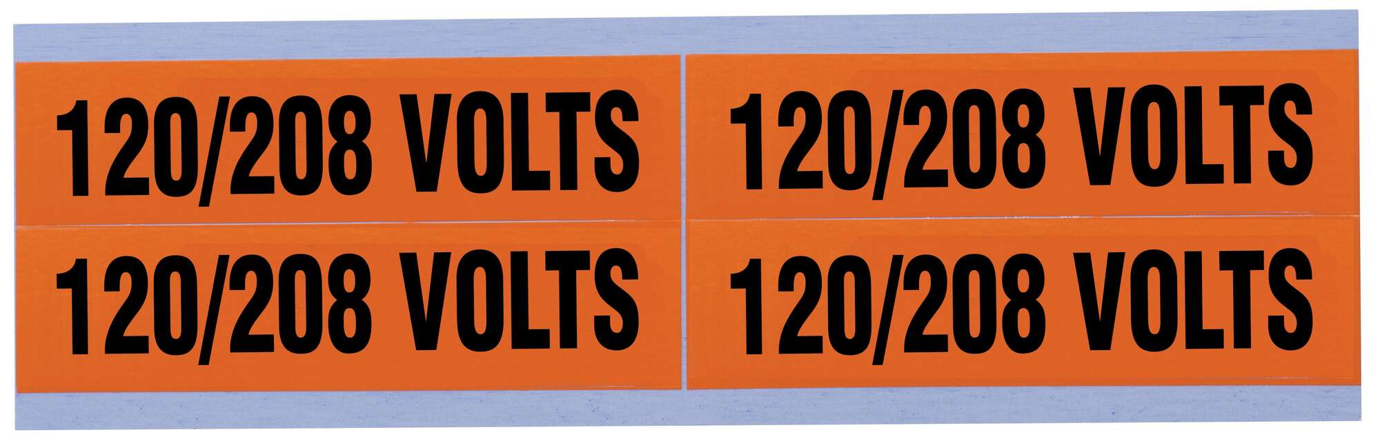44-296 Medium Conduit and Voltage Marker, 1-1/8 in W x 4-1/2 in L, 120/208 VOLTS, Black Legend, Bright Orange Background, Vinyl Impregnated Cloth