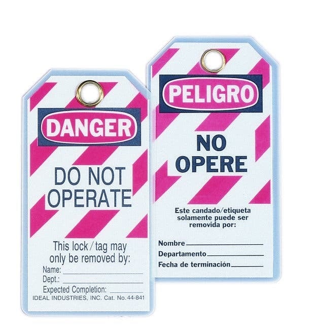 44-841 Bilingual Laminated Striped Lockout Tag, Red, 7/8 in Hole, Plastic