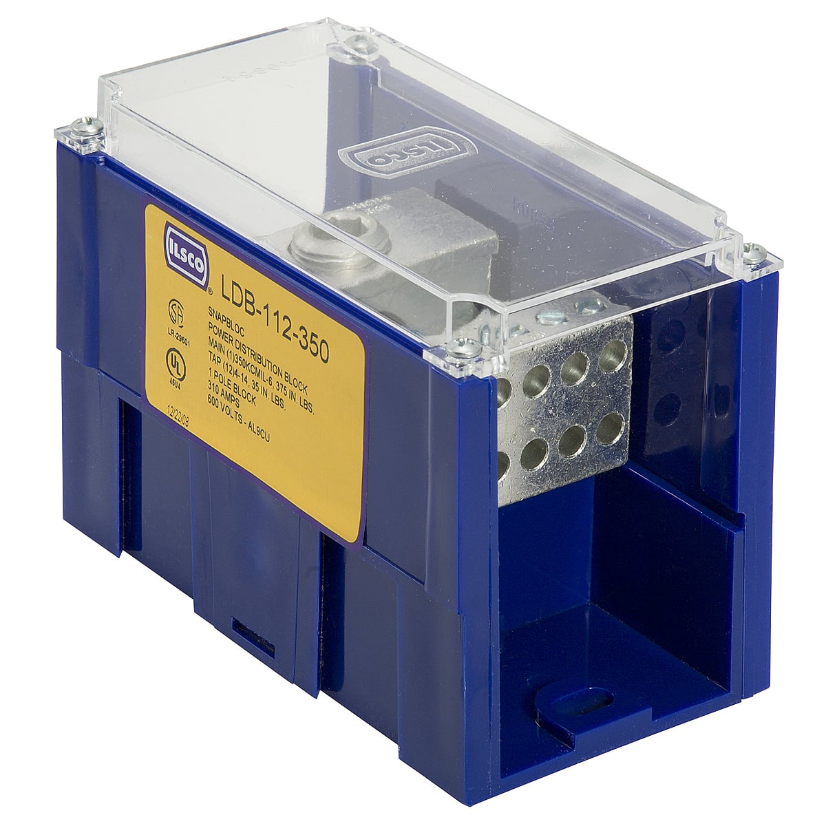 LDB-11-500 Snapbloc Type LDB Dual Rated Mechanical Power Distribution Block With Clear Cover, 600 V AC, 380 A, 1 Pole, 4 AWG to 500 kcmil Wire, Aluminum Alloy