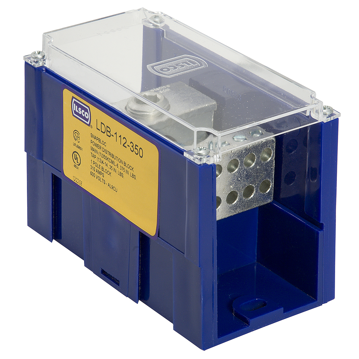LDB-16-350 Snapbloc Type LDB Dual Rated Mechanical Power Distribution Block With Clear Cover, 600 V AC, 310 A, 1 Pole, 6 AWG to 350 kcmil, 14 to 2/0 AWG Wire, Aluminum Alloy