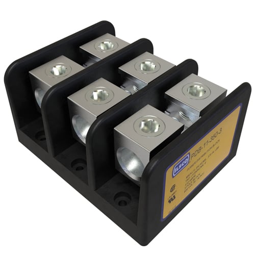 PDB-11-350-3 ClearChoice Type PDB Mechanical Medium Power Distribution Block, 600 V AC, 310 A, 3 Poles, 6 AWG to 350 kcmil Wire, Aluminum Alloy
