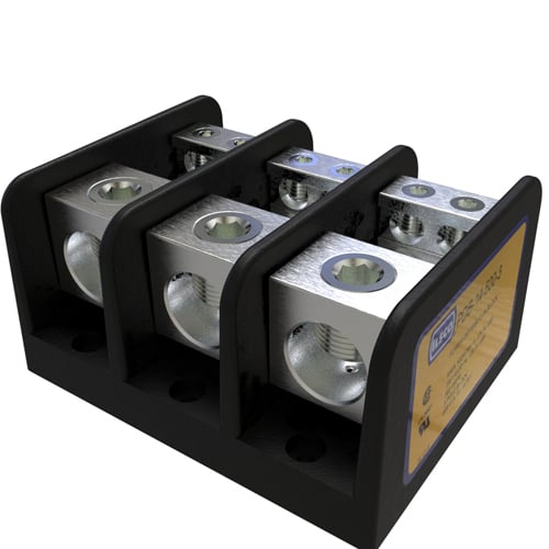 PDB-14-500-3 ClearChoice Type PDB Mechanical Medium Power Distribution Block, 600 V AC, 380 A, 3 Poles, 4 AWG to 500 kcmil, 14 to 2/0 AWG Wire, Aluminum Alloy