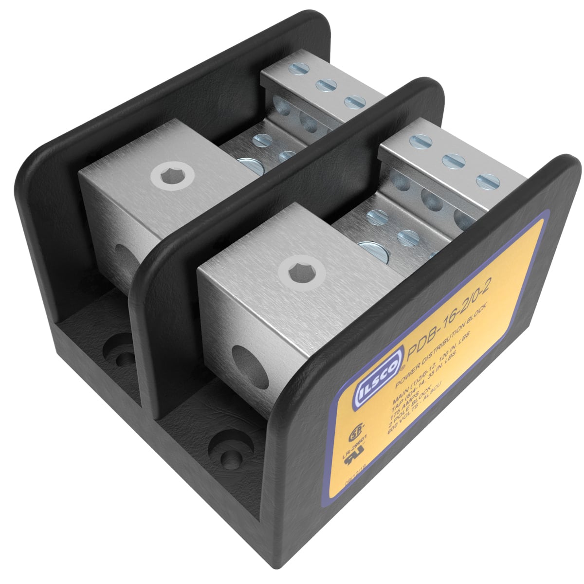 PDB-16-2/0-2 ClearChoice Type PDB Mechanical Medium Power Distribution Block, 600 V AC, 175 A, 2 Poles, 12 to 2/0 AWG, 14 to 4 AWG Wire, Aluminum Alloy