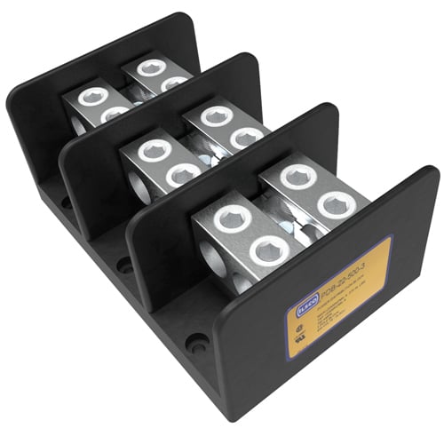 PDB-22-500-3 ClearChoice Type PDB Large Mechanical Power Distribution Block, 600 V AC, 760 A, 3 Poles, 4 AWG to 500 kcmil Wire, Aluminum Alloy