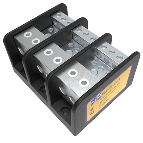 PDB-26-2/0-3 ClearChoice Type PDB Mechanical Medium Power Distribution Block, 600 V AC, 350 A, 3 Poles, 12 to 2/0 AWG, 14 to 4 AWG Wire, Aluminum Alloy
