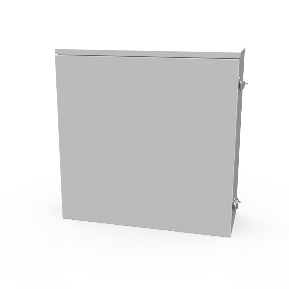 18x6x18 Hinge Cover Type 3R UL Listed Steel No Knockouts ANSI 61 Gray Back Panel Weld Studs Drip Shield Emboss Mounting Holes in Back Padlocking Draw Latch
