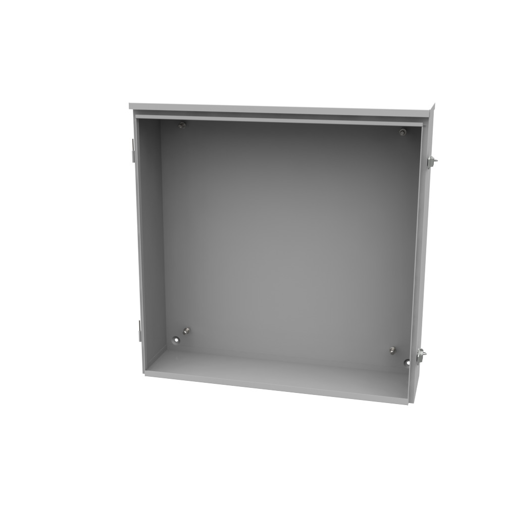 24x6x24 Hinge Cover Type 3R UL Listed Steel No Knockouts ANSI 61 Gray Back Panel Weld Studs Drip Shield Emboss Mounting Holes in Back Padlocking Draw Latch Quad D Knockout for Lock