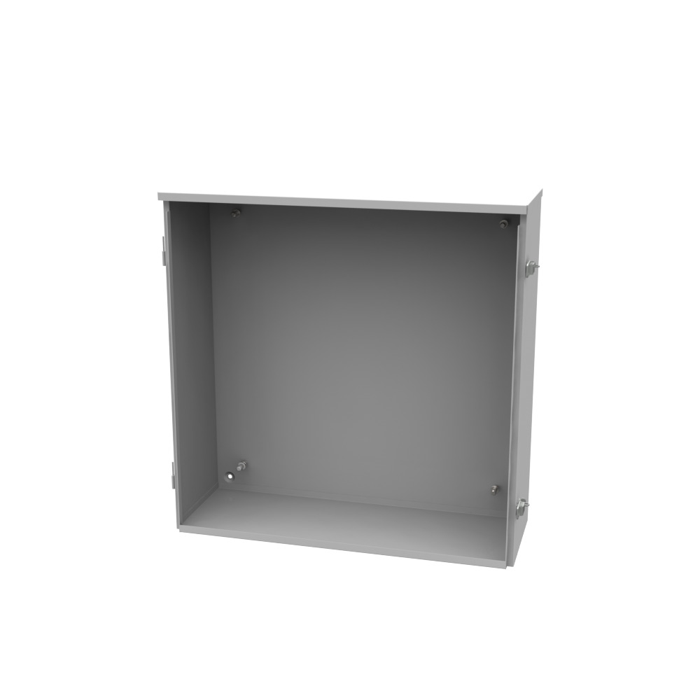 24x8x24 Hinge Cover Type 3R UL Listed Steel No Knockouts ANSI 61 Gray Back Panel Weld Studs Drip Shield Emboss Mounting Holes in Back Padlocking Draw Latch