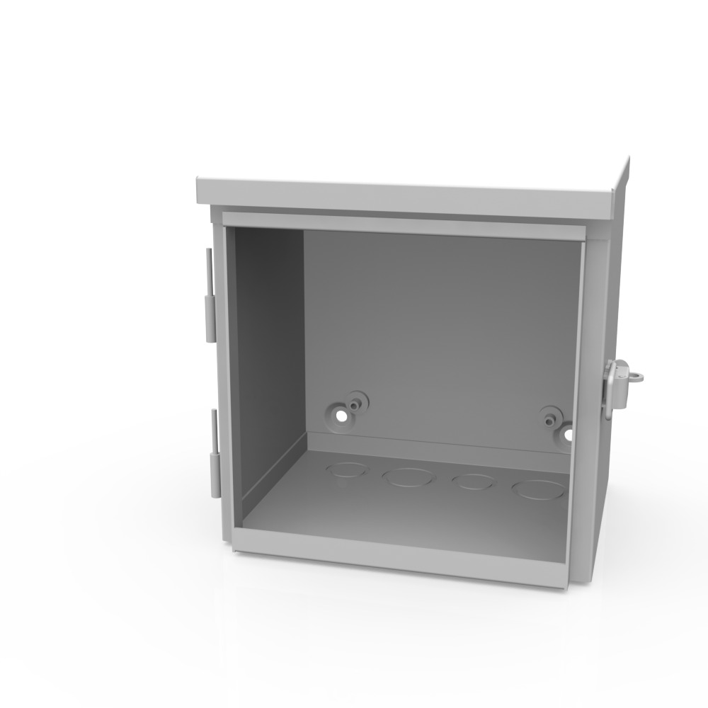 8x6x8 Hinge Cover Type 3R UL Listed Steel Knockouts ANSi 61 Gray Back Panel Weld Studs Drip Shield Emboss Mounting Holes in Back Padlocking Draw Latch Quad D Knockout for Lock