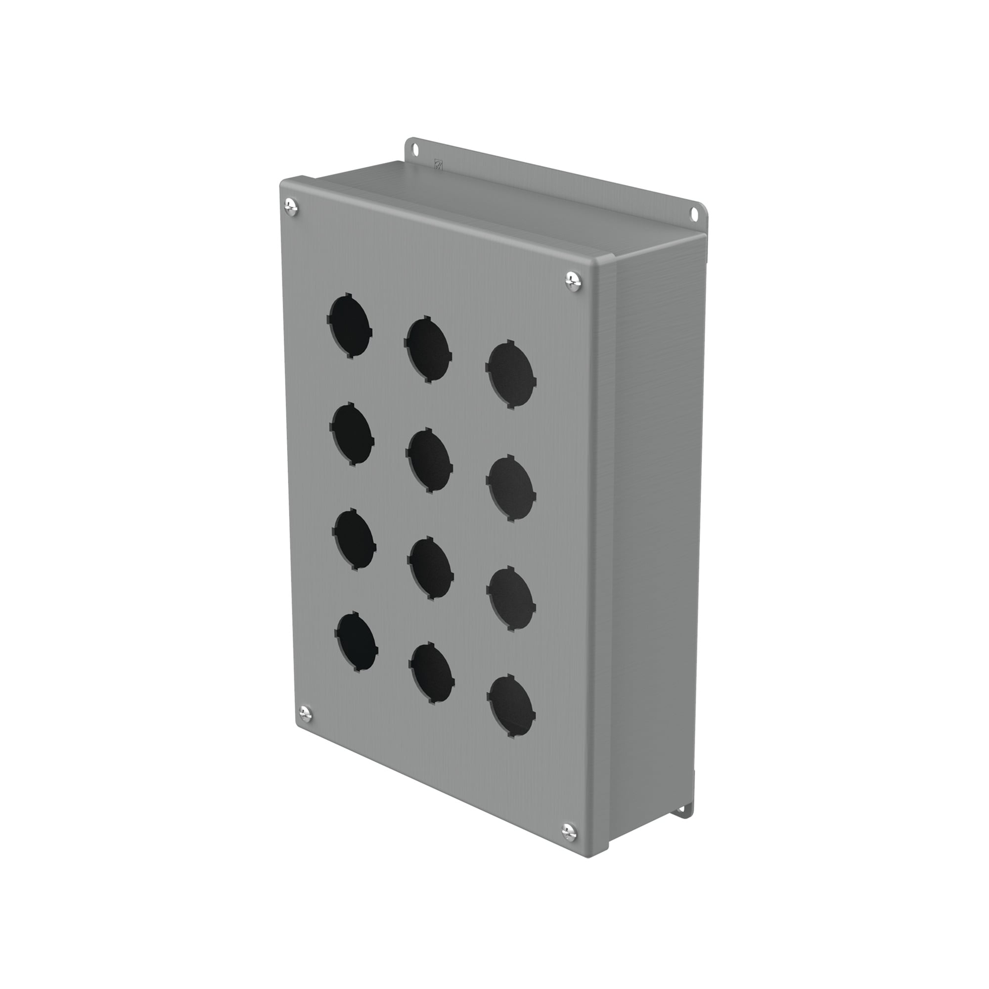 E12PB PB1 Pushbutton Enclosure, 11-3/4 in L x 8-1/2 in W x 3 in D, 12 Outlets, NEMA 12/IP65 NEMA Rating, Steel