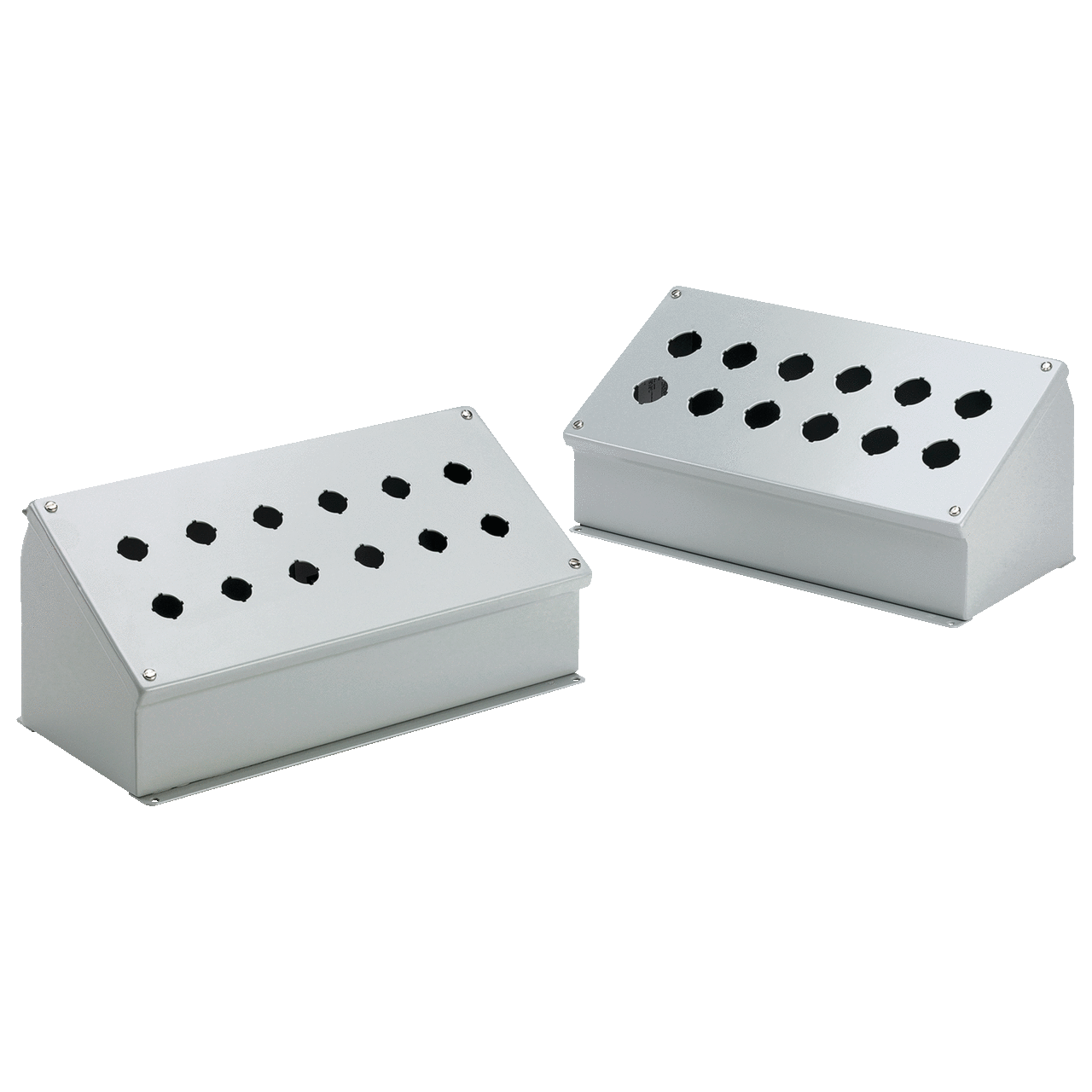 E25PBA PB1 Sloped Front Pushbutton Enclosure, 14 in L x 13 in W x 10.12 in D, 25 Outlets, NEMA 12/IP65 NEMA Rating, Steel