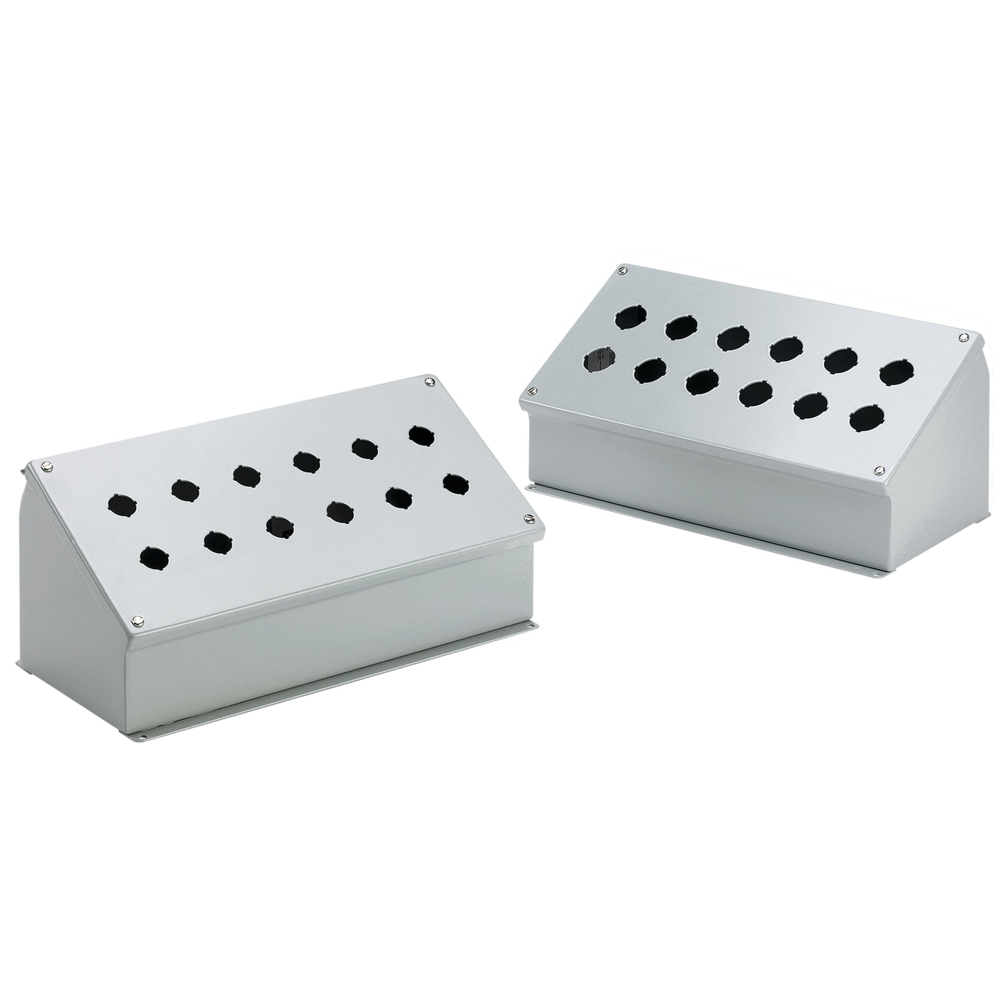 E30PBA PB1 Sloped Front Pushbutton Enclosure, 14 in L x 15-1/4 in W x 10.12 in D, 30 Outlets, NEMA 12/IP65 NEMA Rating, Steel
