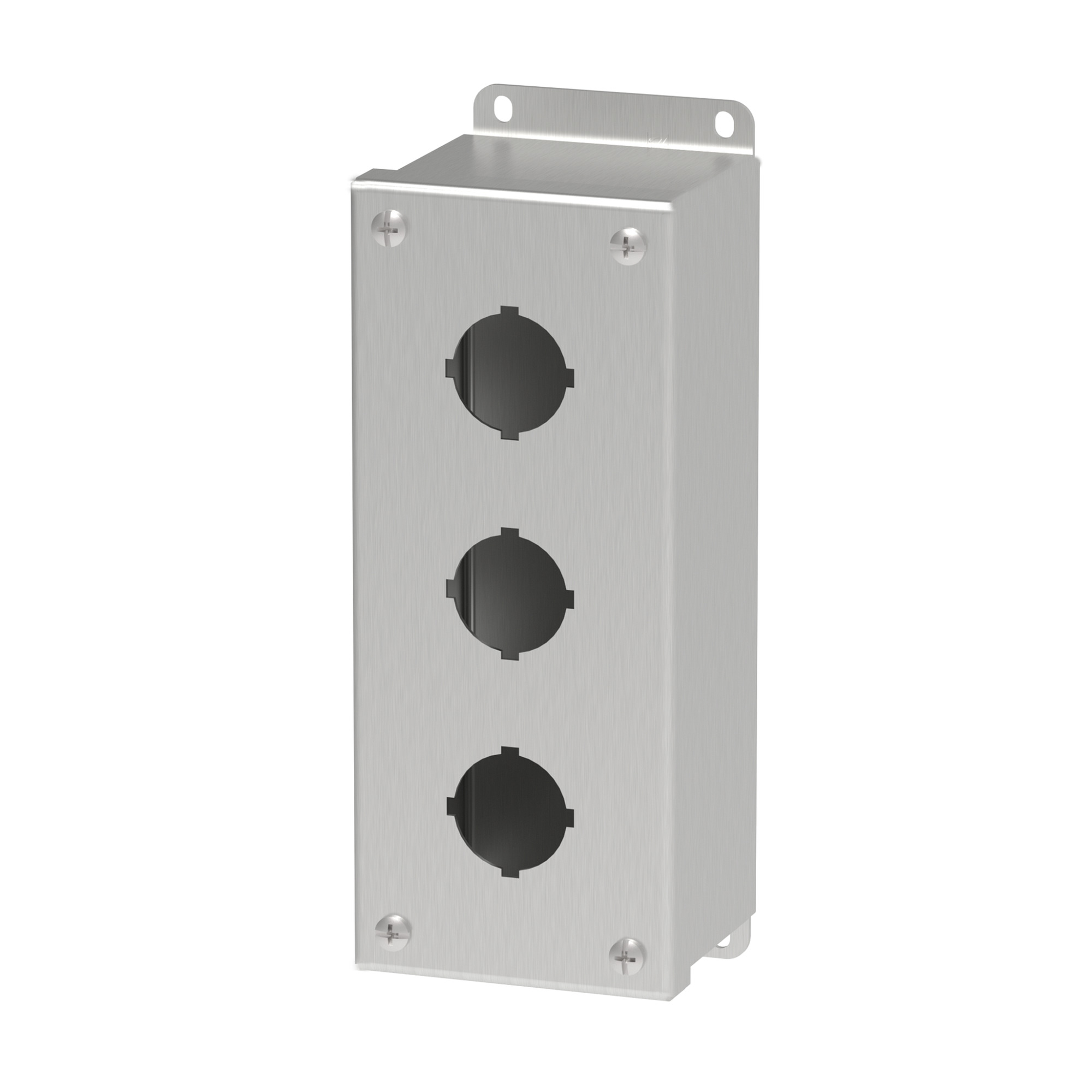 E3PBSS PB1S Pushbutton Enclosure, 8 in L x 3-1/4 in W x 2-3/4 in D, 3 Outlets, NEMA 4X/IP66 NEMA Rating, 304 Stainless Steel