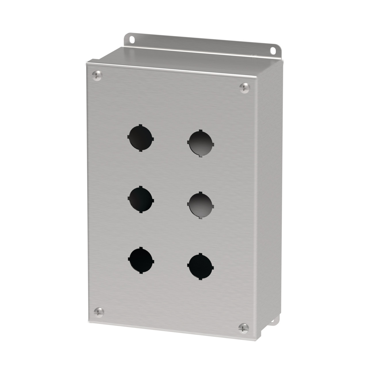 E6PBGSS PB1S Pushbutton Enclosure, 9-1/2 in L x 6-1/4 in W x 3 in D, 6 Outlets, NEMA 4X/IP66 NEMA Rating, 304 Stainless Steel