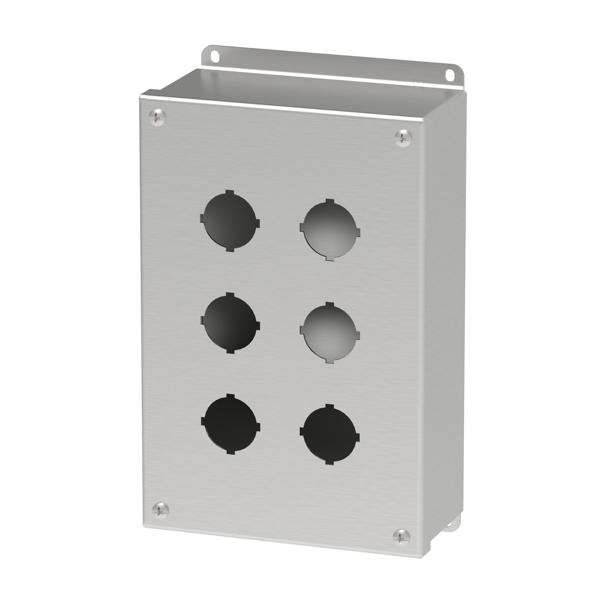 E6PBSS PB1S Pushbutton Enclosure, 9-1/2 in L x 6-1/4 in W x 3 in D, 6 Outlets, NEMA 4X/IP66 NEMA Rating, 304 Stainless Steel