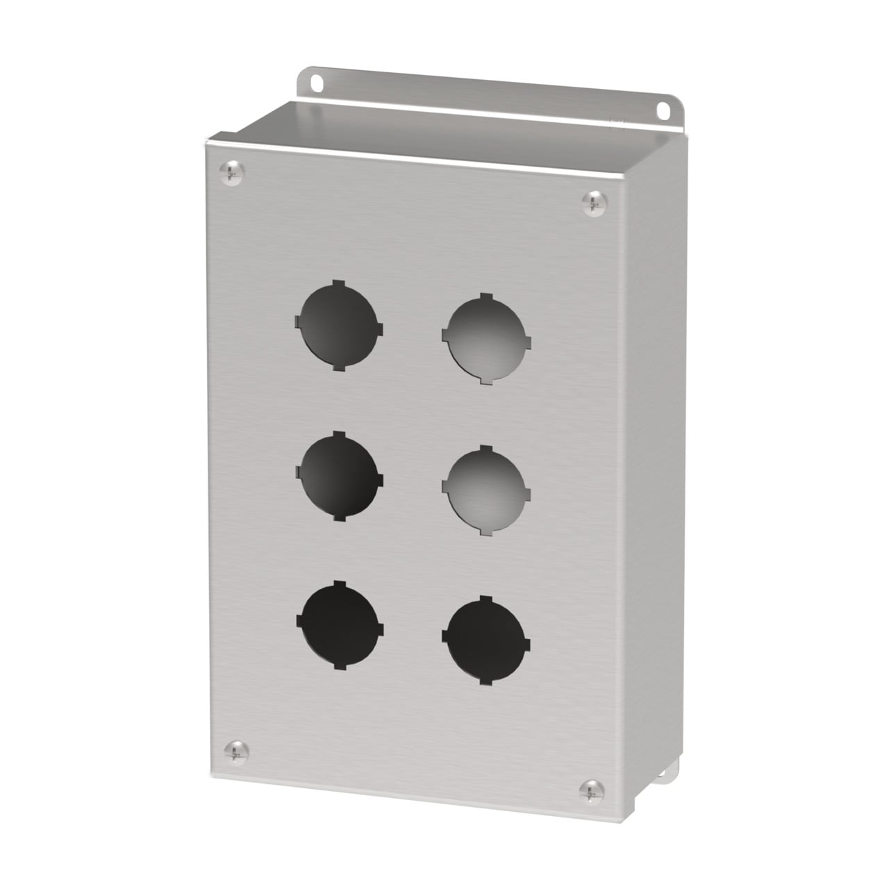 E6PBSS6 PB1S Pushbutton Enclosure, 9-1/2 in L x 6-1/4 in W x 3 in D, 6 Outlets, NEMA 4X/IP66 NEMA Rating, 316L Stainless Steel
