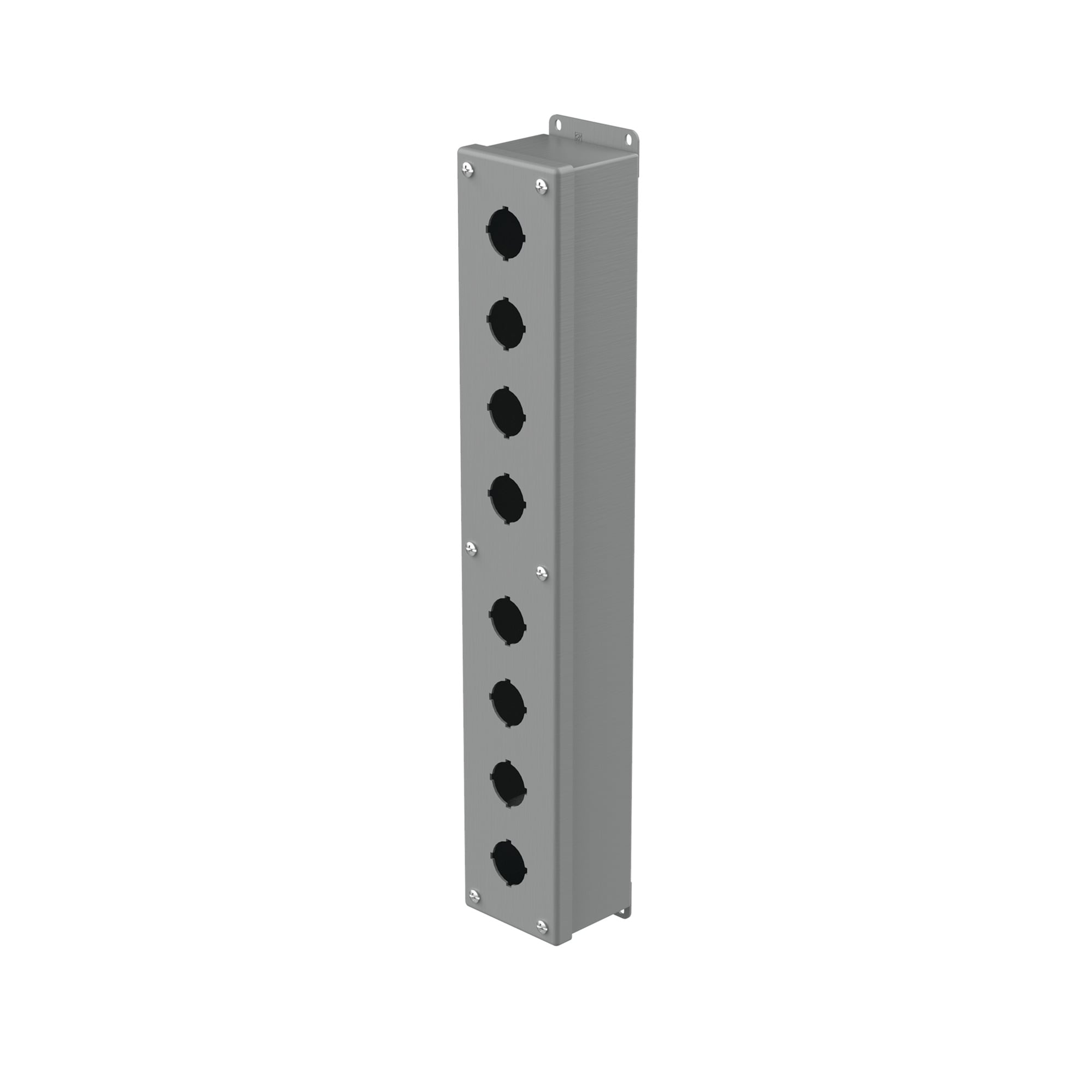 E8PB PB1 Pushbutton Enclosure, 20-1/4 in L x 3-1/4 in W x 2-3/4 in D, 8 Outlets, NEMA 12/IP65 NEMA Rating, Steel