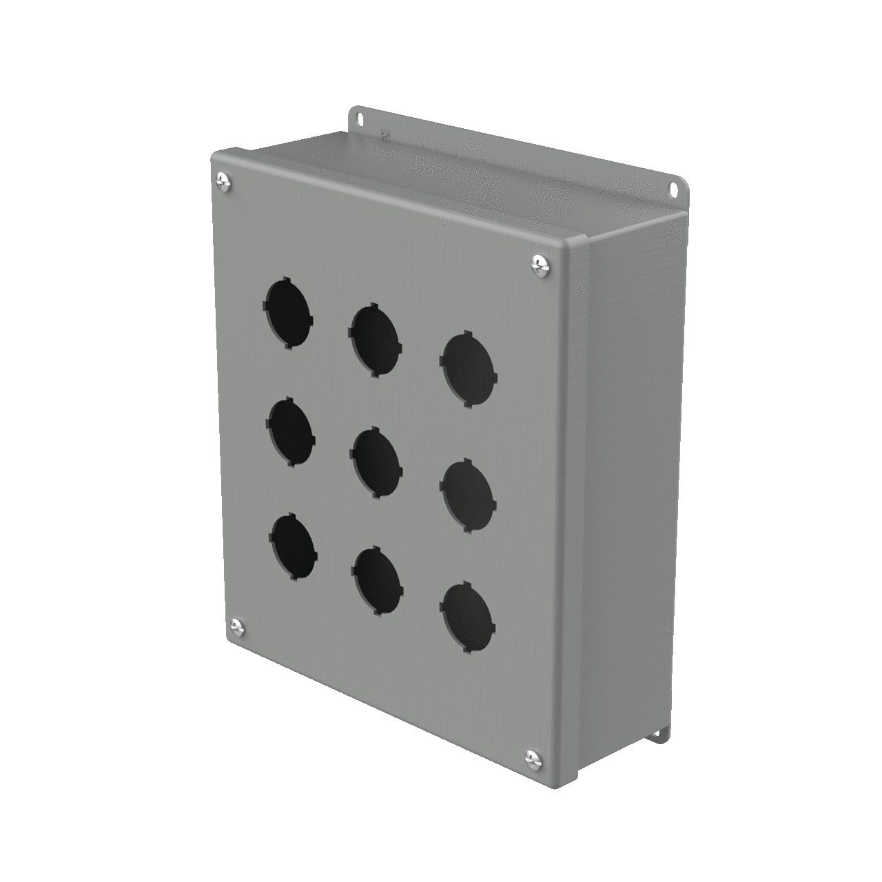 E9PB PB1 Pushbutton Enclosure, 9-1/2 in L x 8-1/2 in W x 3 in D, 9 Outlets, NEMA 12/IP65 NEMA Rating, Steel