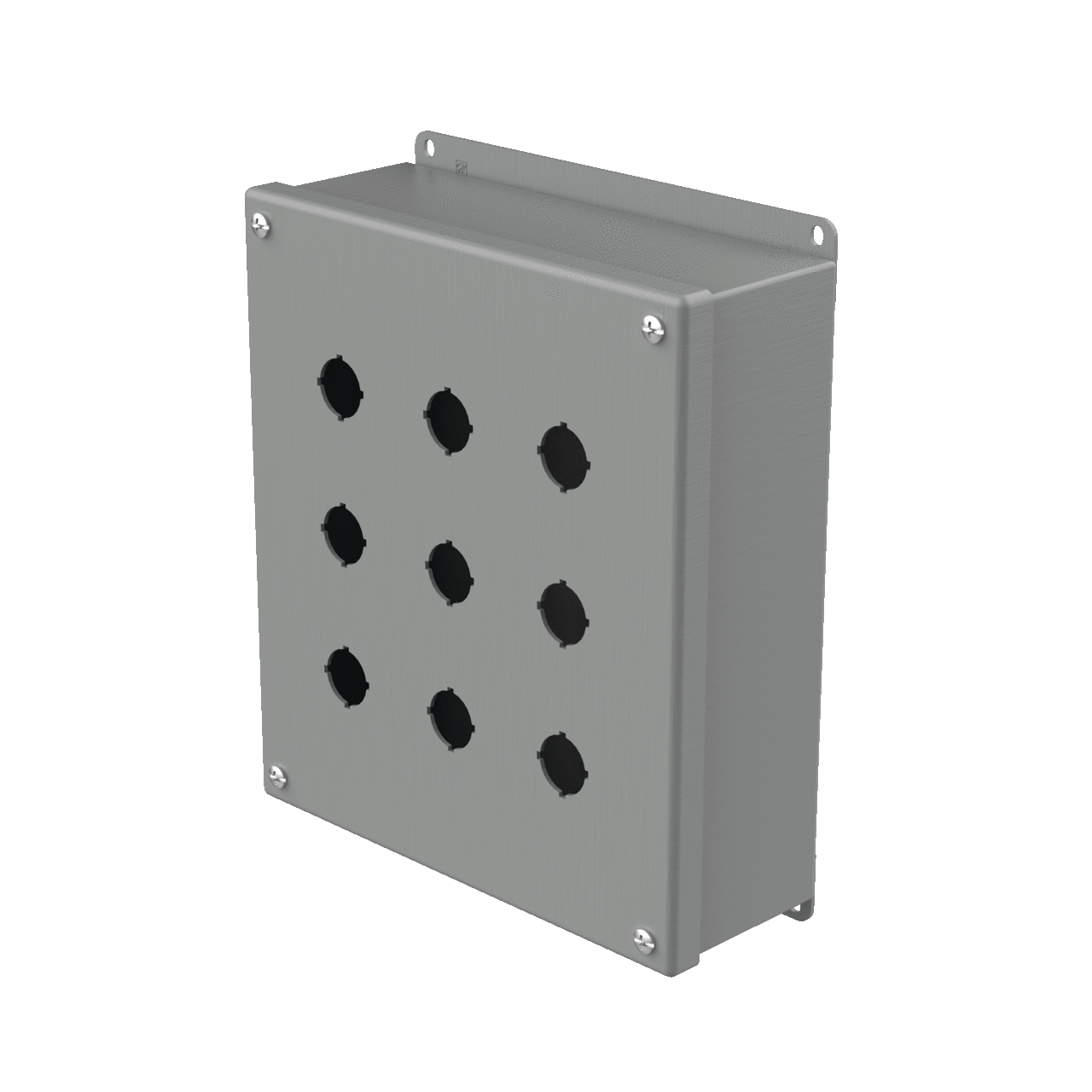 E9PBG PB1 Pushbutton Enclosure, 9-1/2 in L x 8-1/2 in W x 3 in D, 9 Outlets, NEMA 12/IP65 NEMA Rating, Steel
