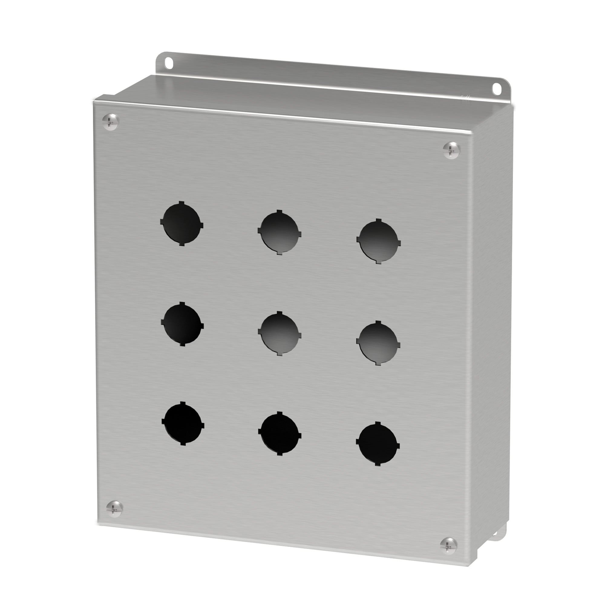 E9PBGSS PB1S Pushbutton Enclosure, 9-1/2 in L x 8-1/2 in W x 3 in D, 9 Outlets, NEMA 4X/IP66 NEMA Rating, 304 Stainless Steel