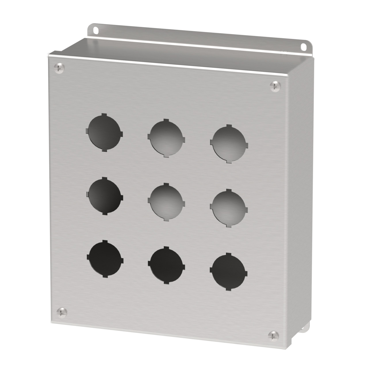 E9PBSS PB1S Pushbutton Enclosure, 9-1/2 in L x 8-1/2 in W x 3 in D, 9 Outlets, NEMA 4X/IP66 NEMA Rating, 304 Stainless Steel