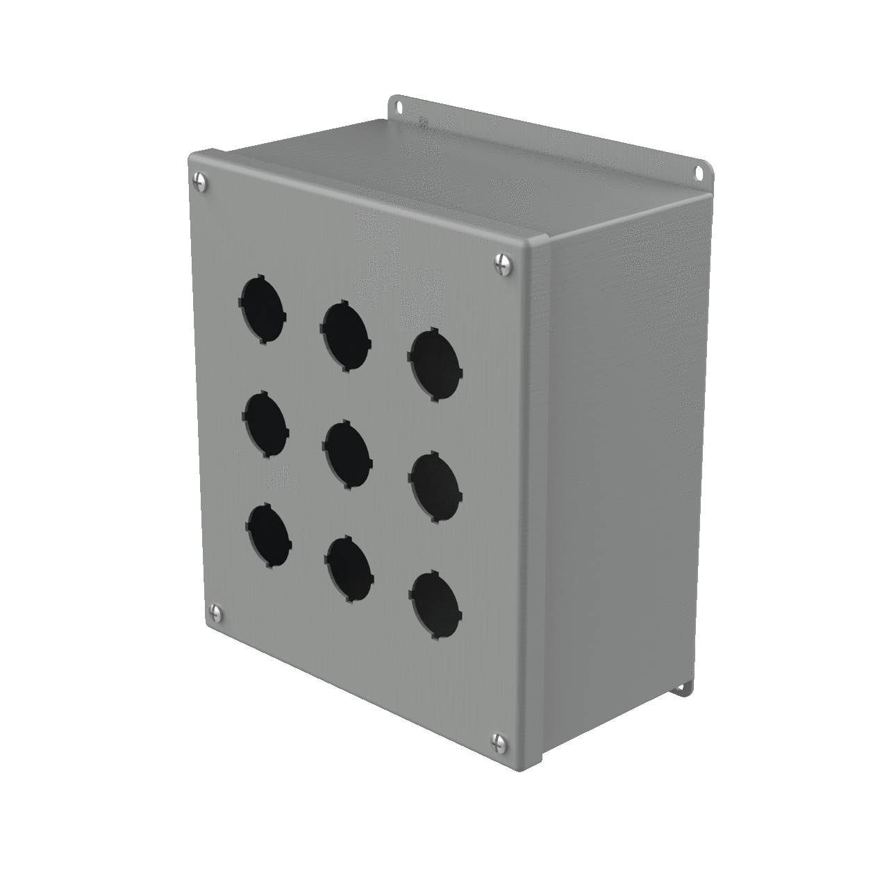 E9PBX PB1 Extra Deep Pushbutton Enclosure, 9-1/2 in L x 8-1/2 in W x 4-3/4 in D, 9 Outlets, NEMA 12/IP65 NEMA Rating, Steel
