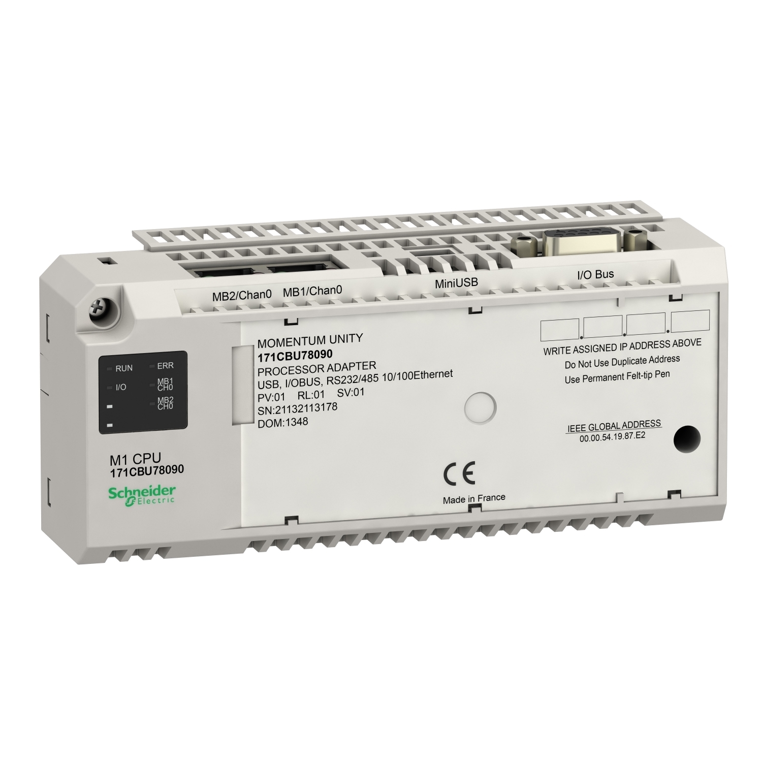 171CBU78090 Modicon Momentum Class B Transparent Ready Unity Processor, 3584 kB Memory, 2048 Expansion Racks, IP20 Enclosure