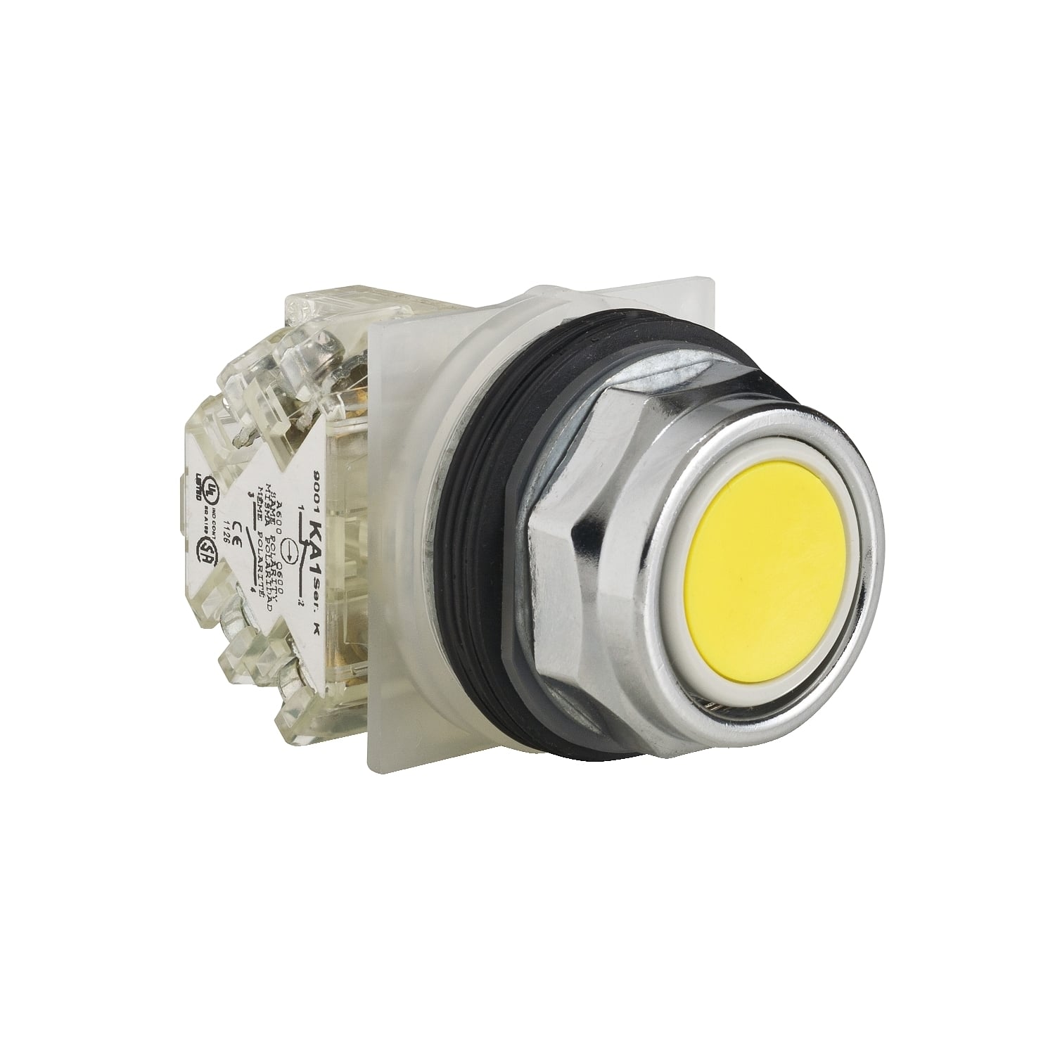 9001KR1YH13 Harmony Type K Heavy Duty Dusttight/Oiltight/Watertight Mechanically Interlocked Non-Illuminated Pushbutton With Full Guard, 30 mm, 1NO-1NC Contact, Slow Break Contact, Yellow