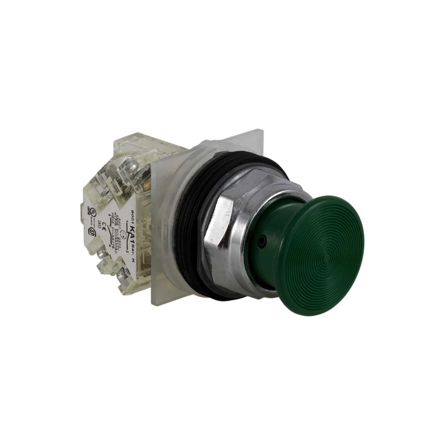 9001KR24GH13 Harmony Type K Heavy Duty Dusttight/Oiltight/Watertight Mechanically Interlocked Non-Illuminated Pushbutton, 30 mm, 1NO-1NC Contact, Slow Break Contact, Green