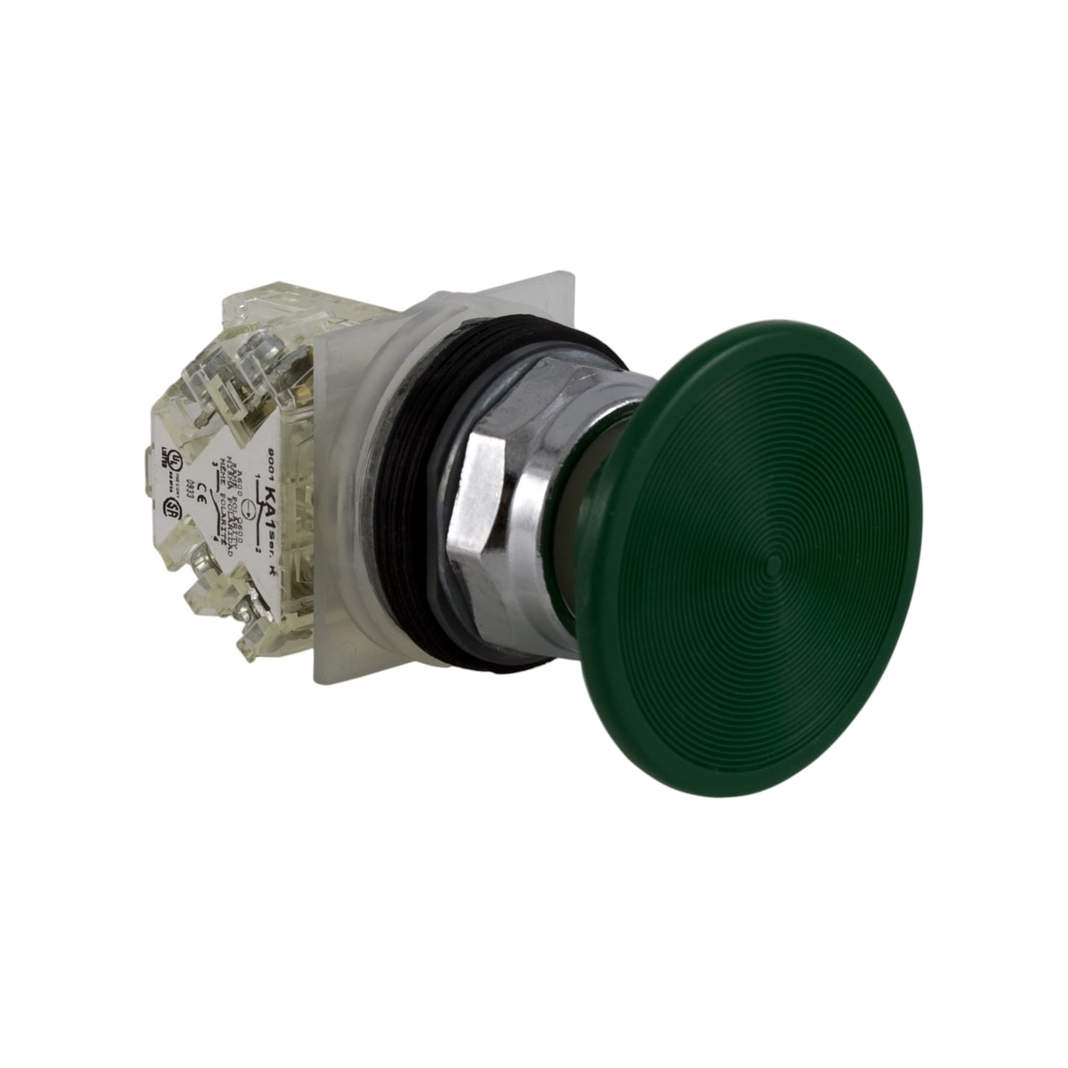 9001KR25GH13 Harmony Type K Heavy Duty Dusttight/Oiltight/Watertight Mechanically Interlocked Non-Illuminated Pushbutton, 30 mm, 1NO-1NC Contact, Slow Break Contact, Green