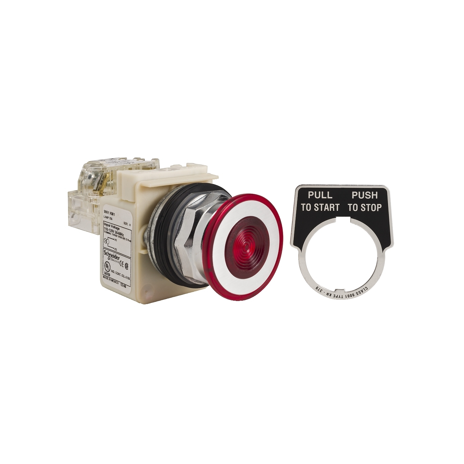 9001KR9P35R Harmony 2-Position Type K Dusttight/Oiltight/Watertight Heavy Duty Round Illuminated Push Pull Operator With Metal Full Guard, 30 mm, SPDT Contact, Mushroom Head Operator, Maintained Contact