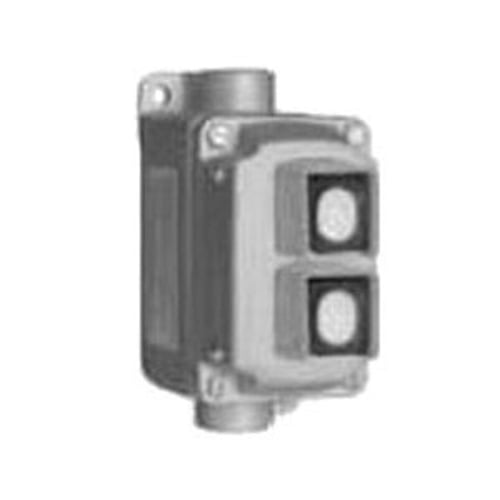 Pushbutton Control Station, 2-Gang 2-Circuit Feed-Through, Series: EFDB, 600 VAC, 10 A, 2 Operators, 1NC-1NO Contact Configuration, Momentary Contact Mode, Front Button Operator, Legend: Start/Stop, Thread Connection, NEMA 3/7CD/9EFG NEMA Rating, Surface Mounting, Malleable Iron, Triple Coated, 5.8 in H x 7.3 in W x 7.2 in D Dimensions